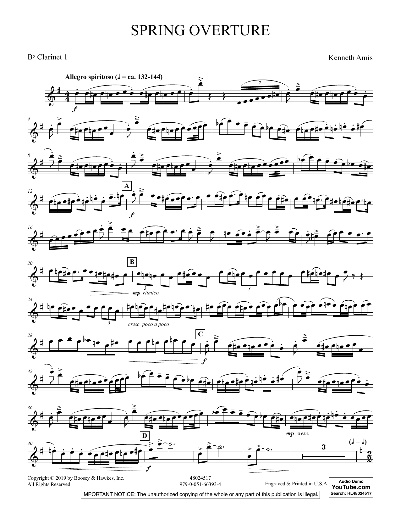 Kenneth Amis Spring Overture - Bb Clarinet 1 sheet music preview music notes and score for Concert Band including 4 page(s)
