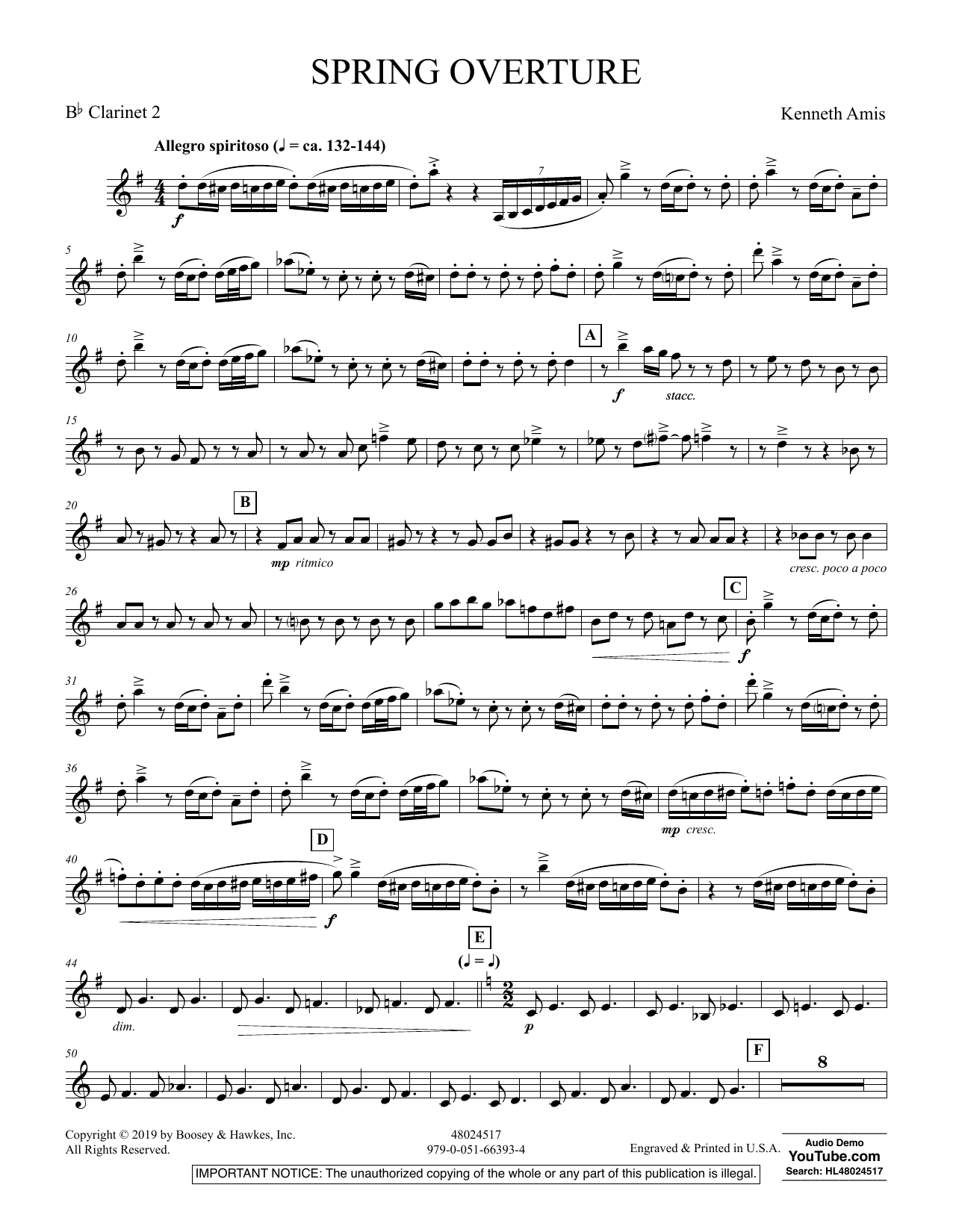 Kenneth Amis Spring Overture - Bb Clarinet 2 sheet music preview music notes and score for Concert Band including 4 page(s)