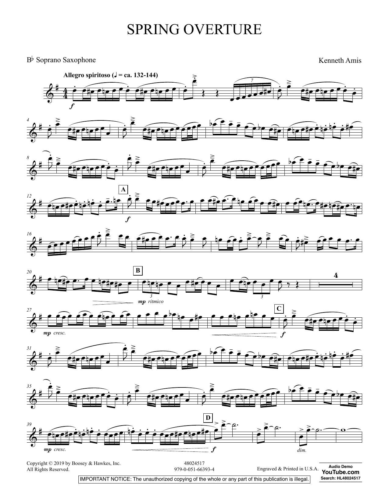 Kenneth Amis Spring Overture - Bb Soprano Saxophone sheet music preview music notes and score for Concert Band including 4 page(s)