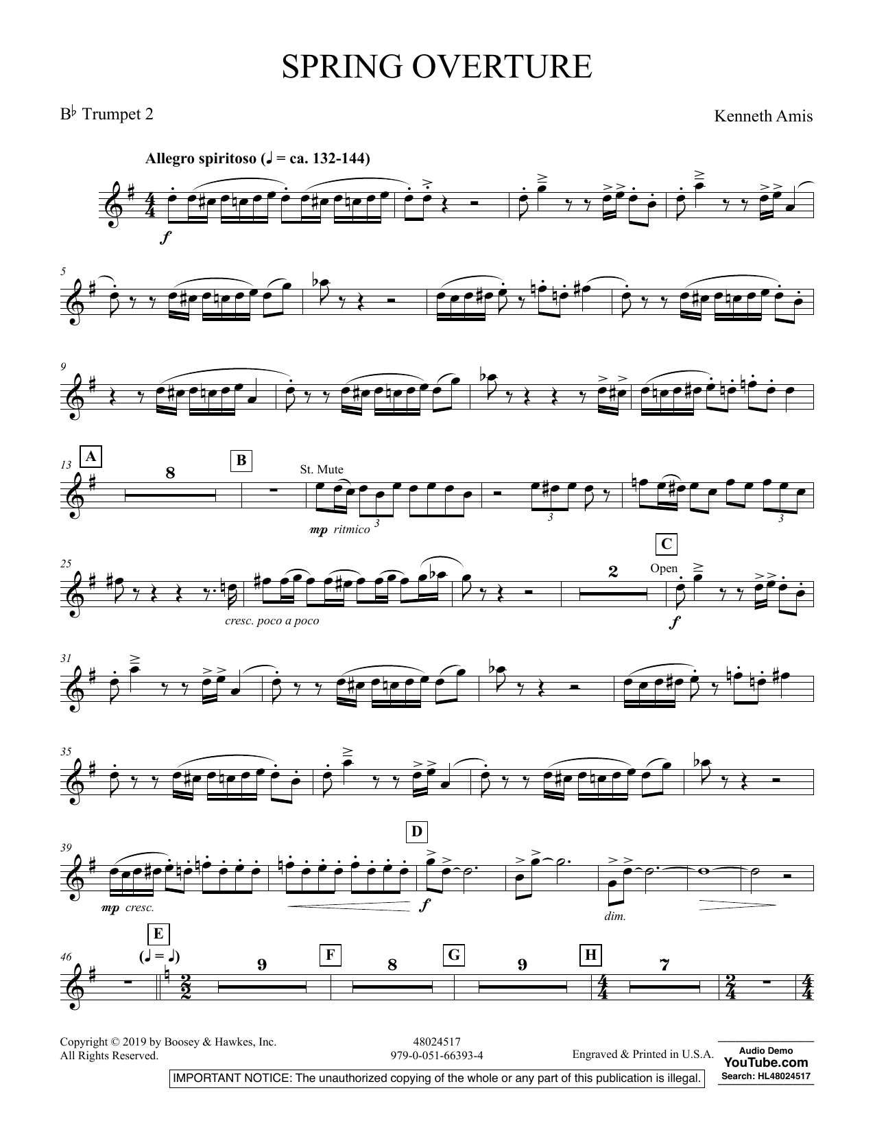 Kenneth Amis Spring Overture - Bb Trumpet 2 sheet music preview music notes and score for Concert Band including 3 page(s)
