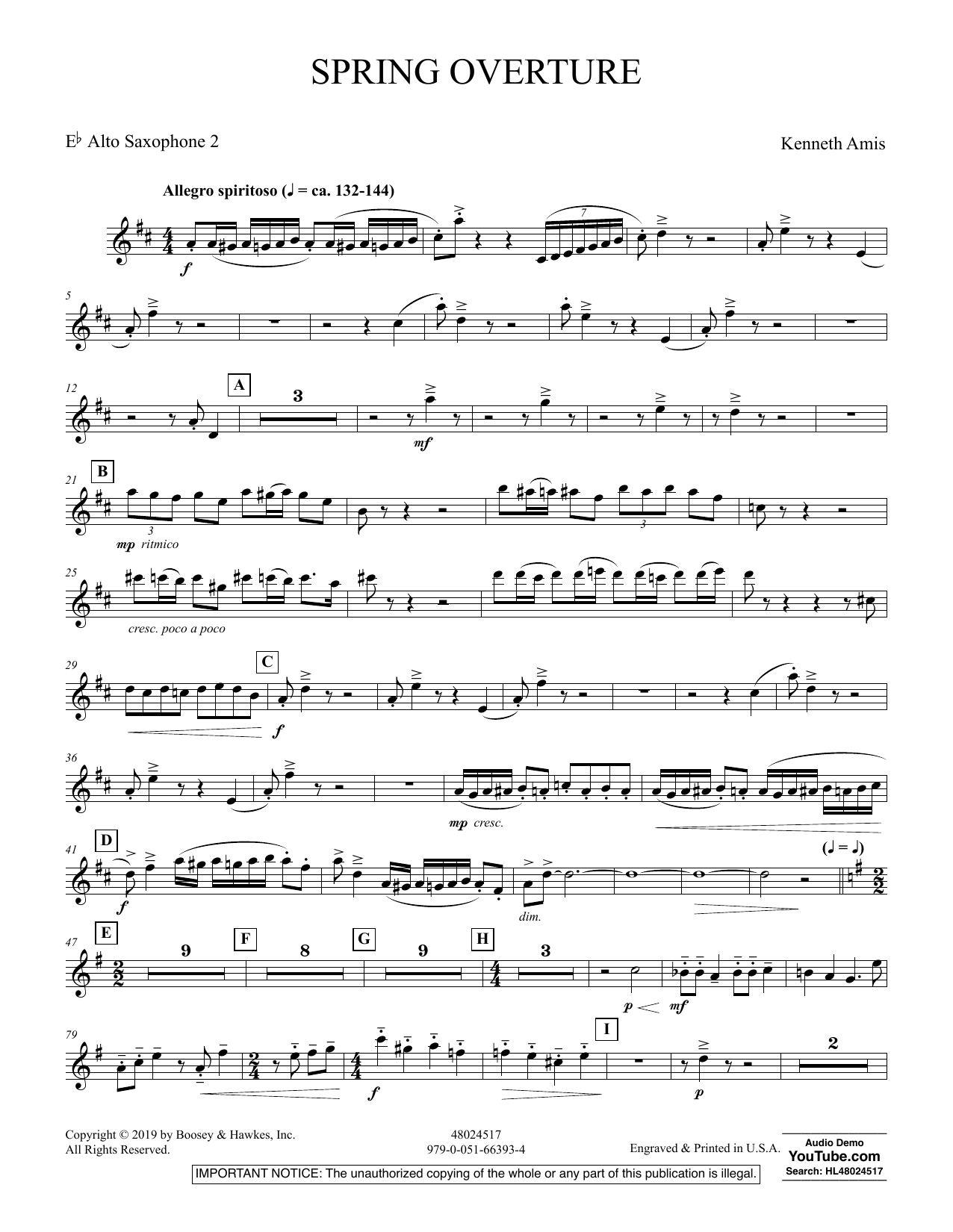 Learn to play Kenneth Amis Spring Overture - Eb Alto Saxophone 2 sheet music for Concert Band in minutes. Kenneth Amis Spring Overture - Eb Alto Saxophone 2 sheet music preview music notes and score for Concert Band including 3 page(s)