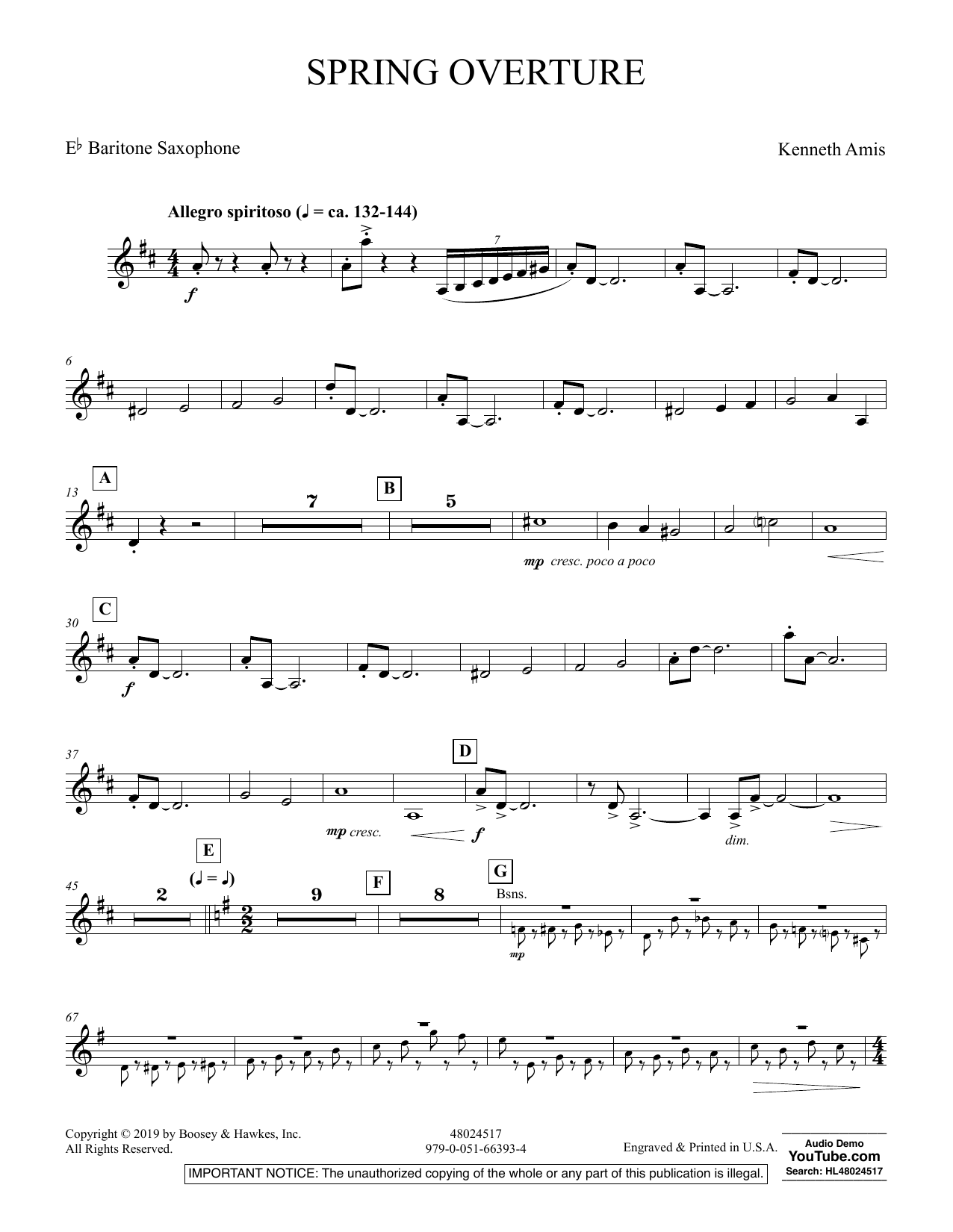 Kenneth Amis Spring Overture - Eb Baritone Saxophone sheet music preview music notes and score for Concert Band including 3 page(s)