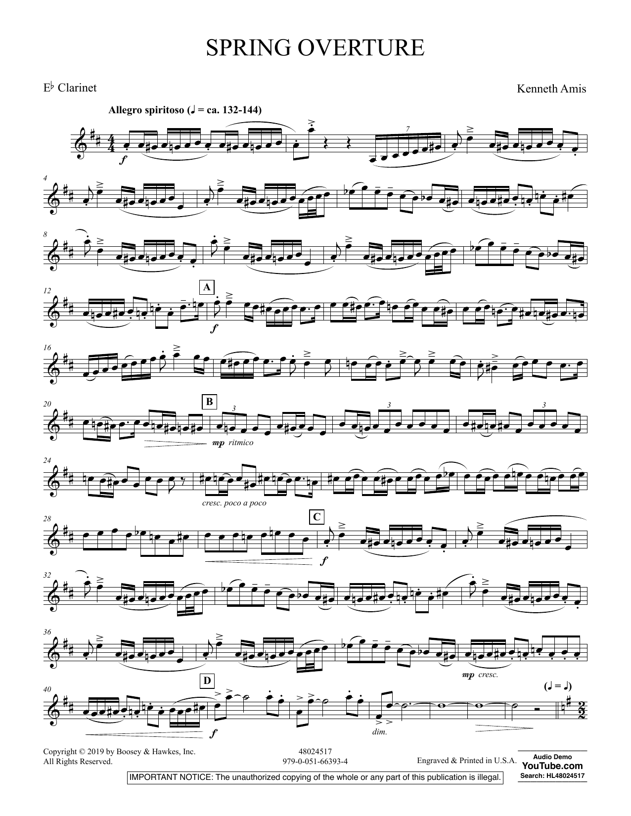 Learn to play Kenneth Amis Spring Overture - Eb Clarinet sheet music for Concert Band in minutes. Kenneth Amis Spring Overture - Eb Clarinet sheet music preview music notes and score for Concert Band including 4 page(s)