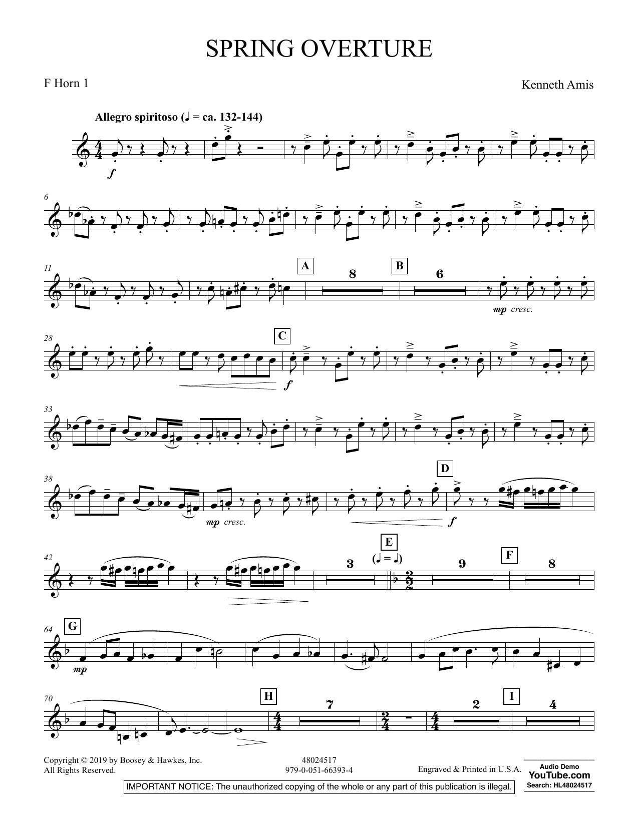 Learn to play Kenneth Amis Spring Overture - F Horn 1 sheet music for Concert Band in minutes. Kenneth Amis Spring Overture - F Horn 1 sheet music preview music notes and score for Concert Band including 3 page(s)