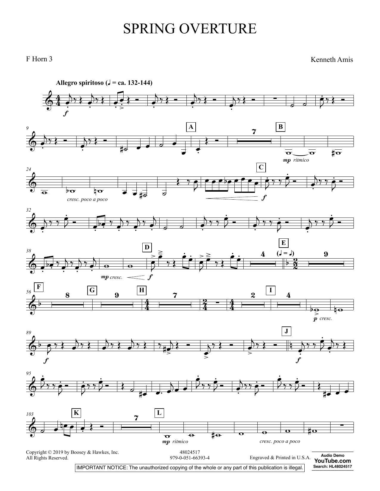 Learn to play Kenneth Amis Spring Overture - F Horn 3 sheet music for Concert Band in minutes. Kenneth Amis Spring Overture - F Horn 3 sheet music preview music notes and score for Concert Band including 2 page(s)