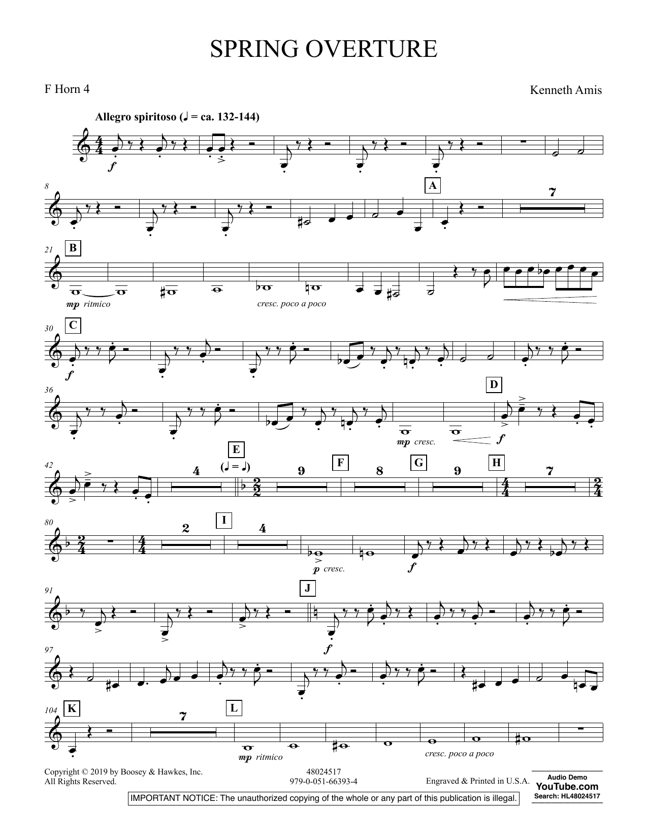 Kenneth Amis Spring Overture - F Horn 4 sheet music preview music notes and score for Concert Band including 2 page(s)