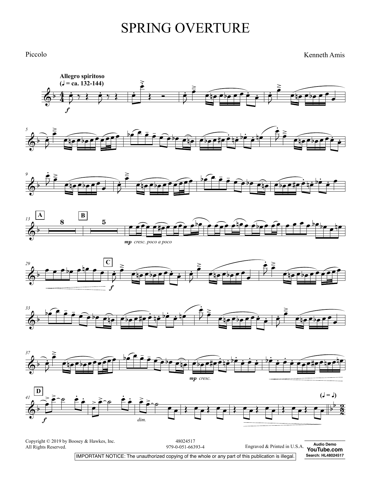 Kenneth Amis Spring Overture - Piccolo sheet music preview music notes and score for Concert Band including 3 page(s)