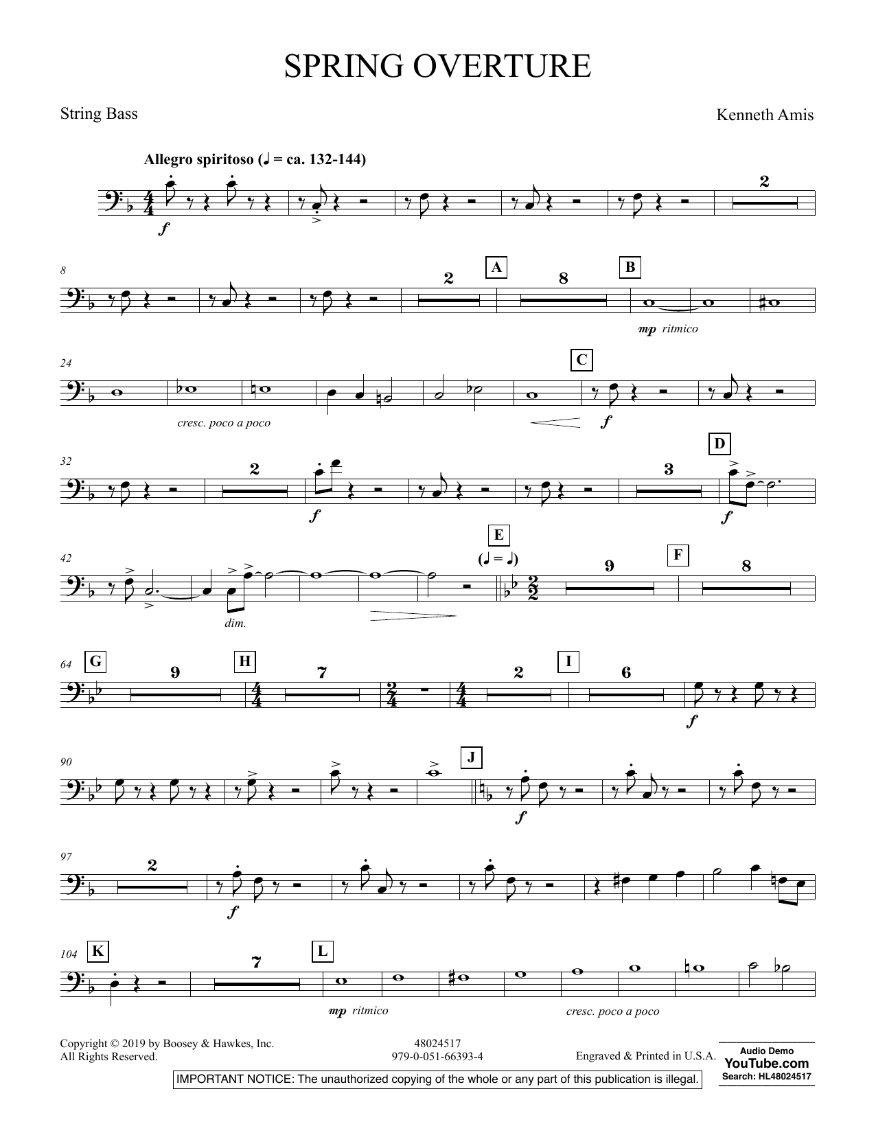 Kenneth Amis Spring Overture - String Bass sheet music preview music notes and score for Concert Band including 2 page(s)