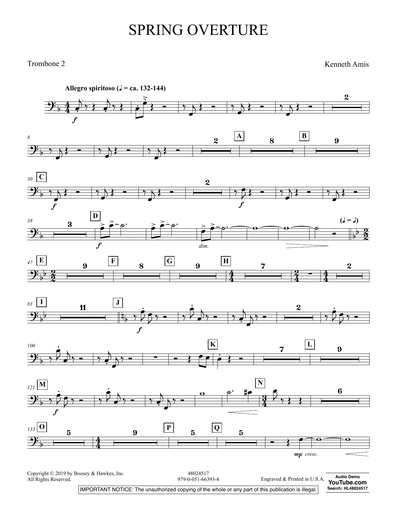 Kenneth Amis Spring Overture - Trombone 2 sheet music preview music notes and score for Concert Band including 2 page(s)