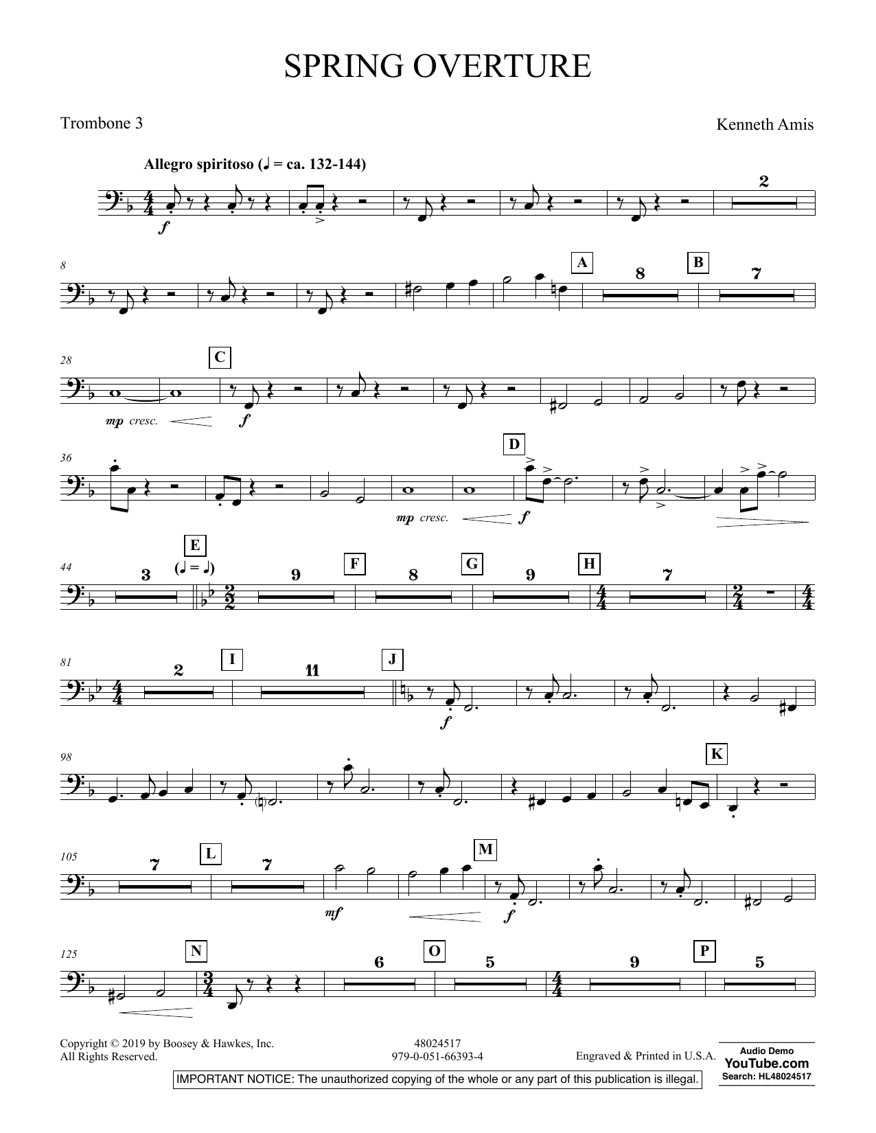 Kenneth Amis Spring Overture - Trombone 3 sheet music preview music notes and score for Concert Band including 2 page(s)