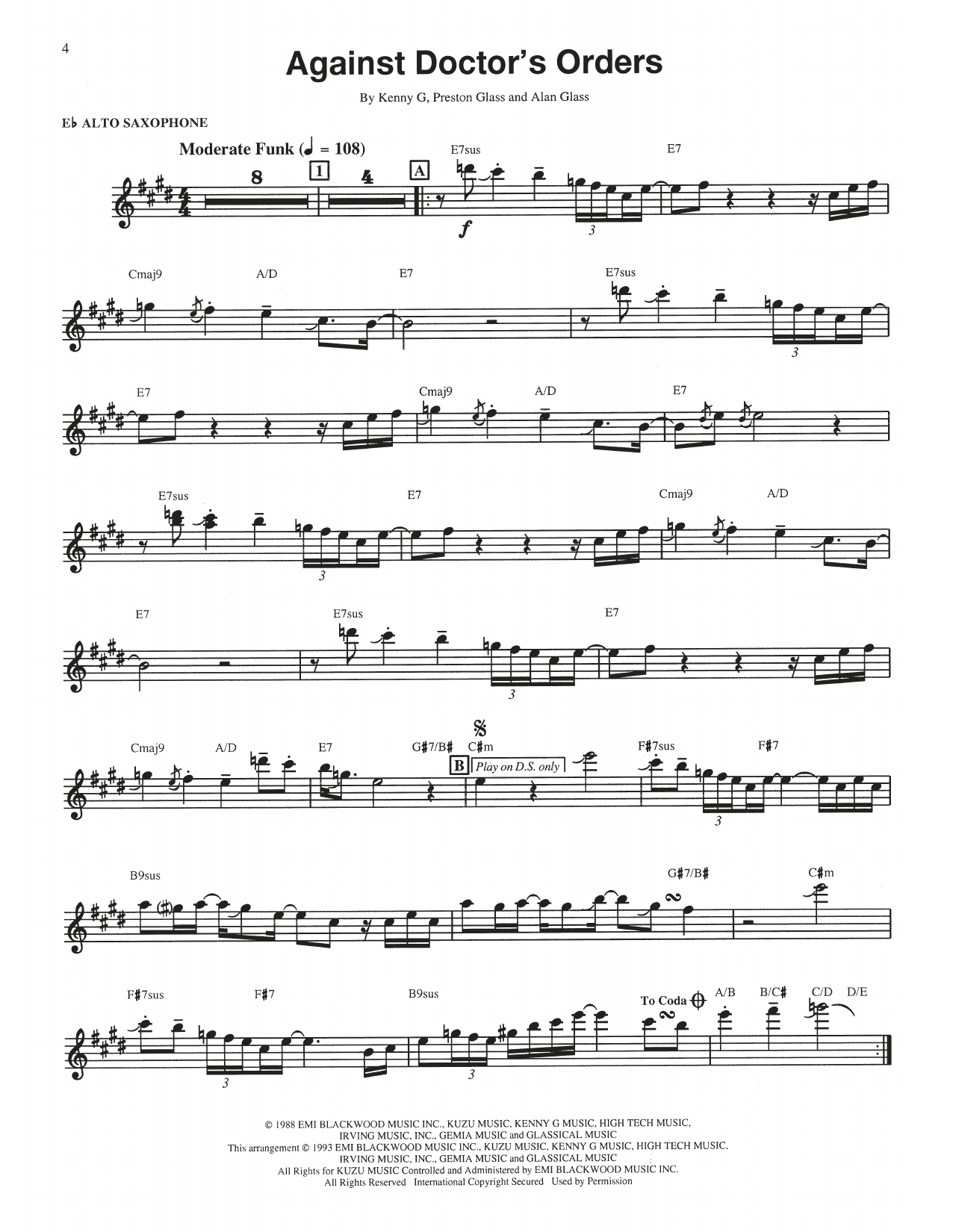 Kenny G Against Doctor's Orders sheet music, chords, lyrics - Printable PDF for Alto Sax Transcription