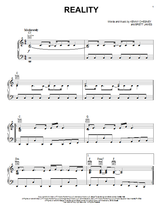 Learn to play Kenny Chesney Reality sheet music for Piano, Vocal & Guitar (Right-Hand Melody) in minutes. Kenny Chesney Reality sheet music preview music notes and score for Piano, Vocal & Guitar (Right-Hand Melody) including 8 page(s)