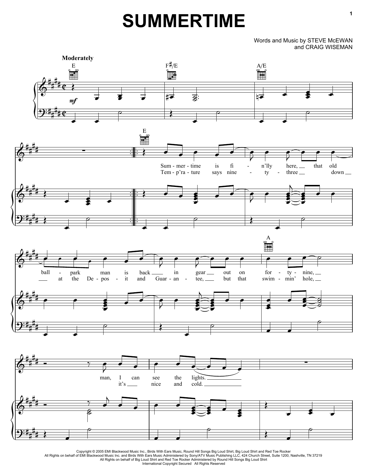 Kenny Chesney Summertime sheet music preview music notes and score for Piano, Vocal & Guitar (Right-Hand Melody) including 5 page(s)