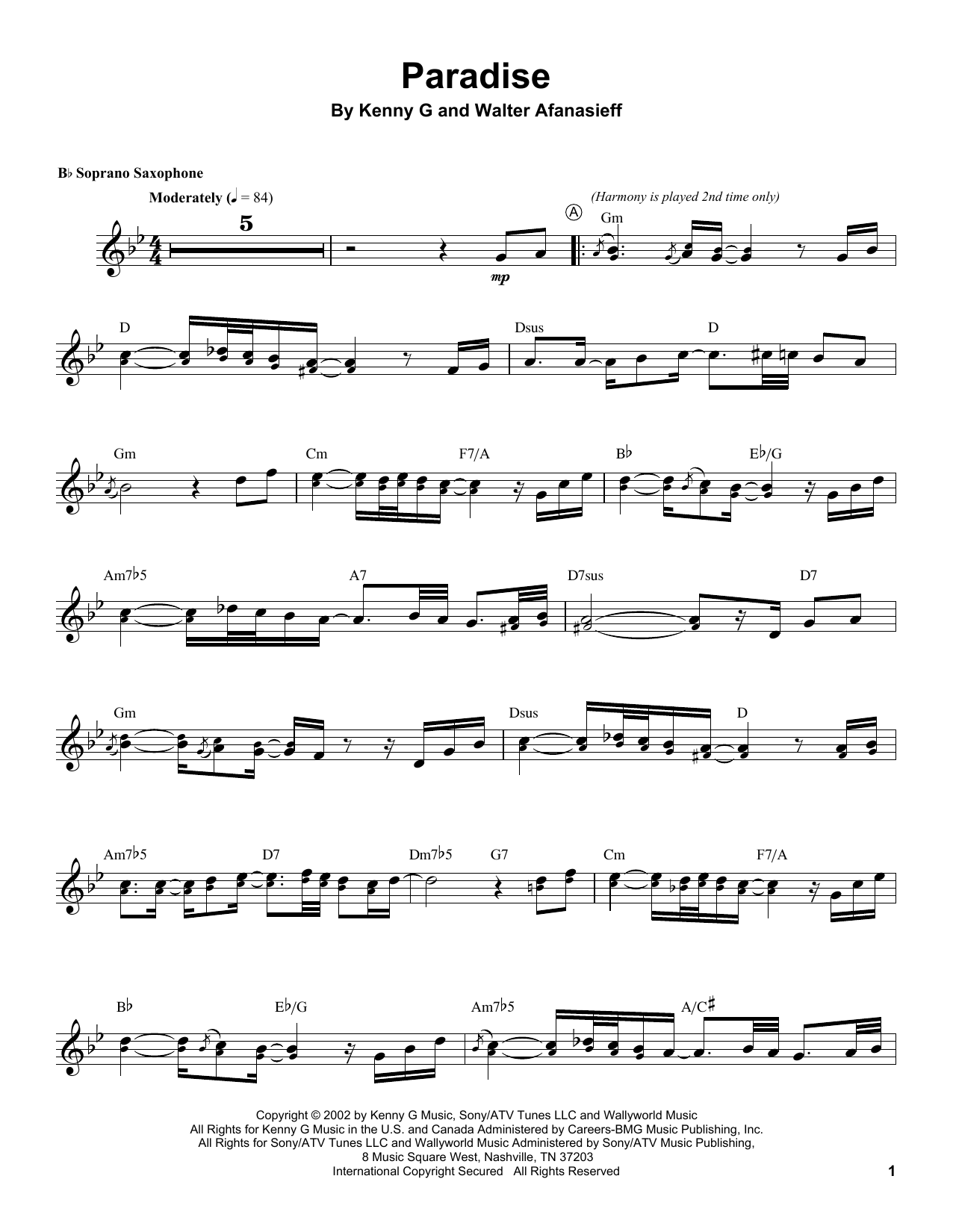 Learn to play Kenny G Paradise sheet music for Soprano Sax Transcription in minutes. Kenny G Paradise sheet music preview music notes and score for Soprano Sax Transcription including 3 page(s)