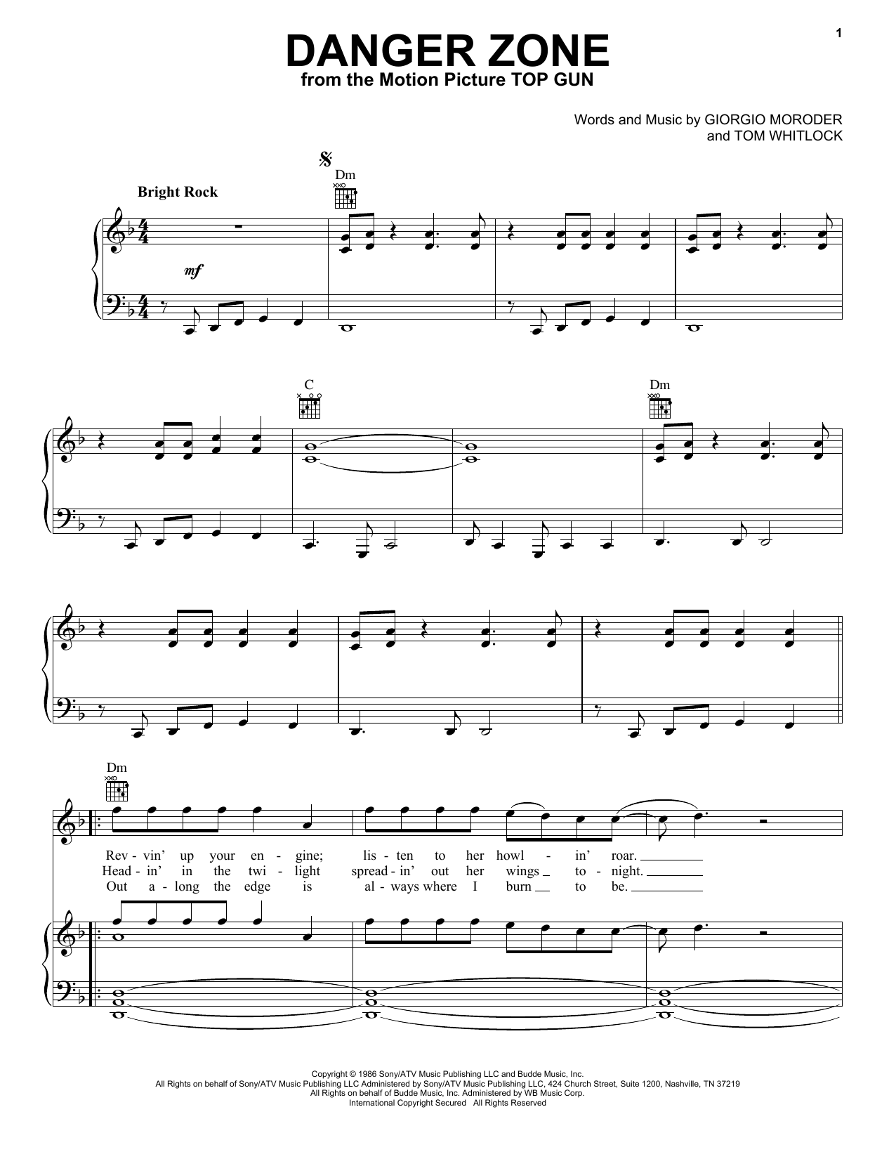 Kenny Loggins Danger Zone (from Top Gun) sheet music preview music notes and score for Piano, Vocal & Guitar (Right-Hand Melody) including 5 page(s)