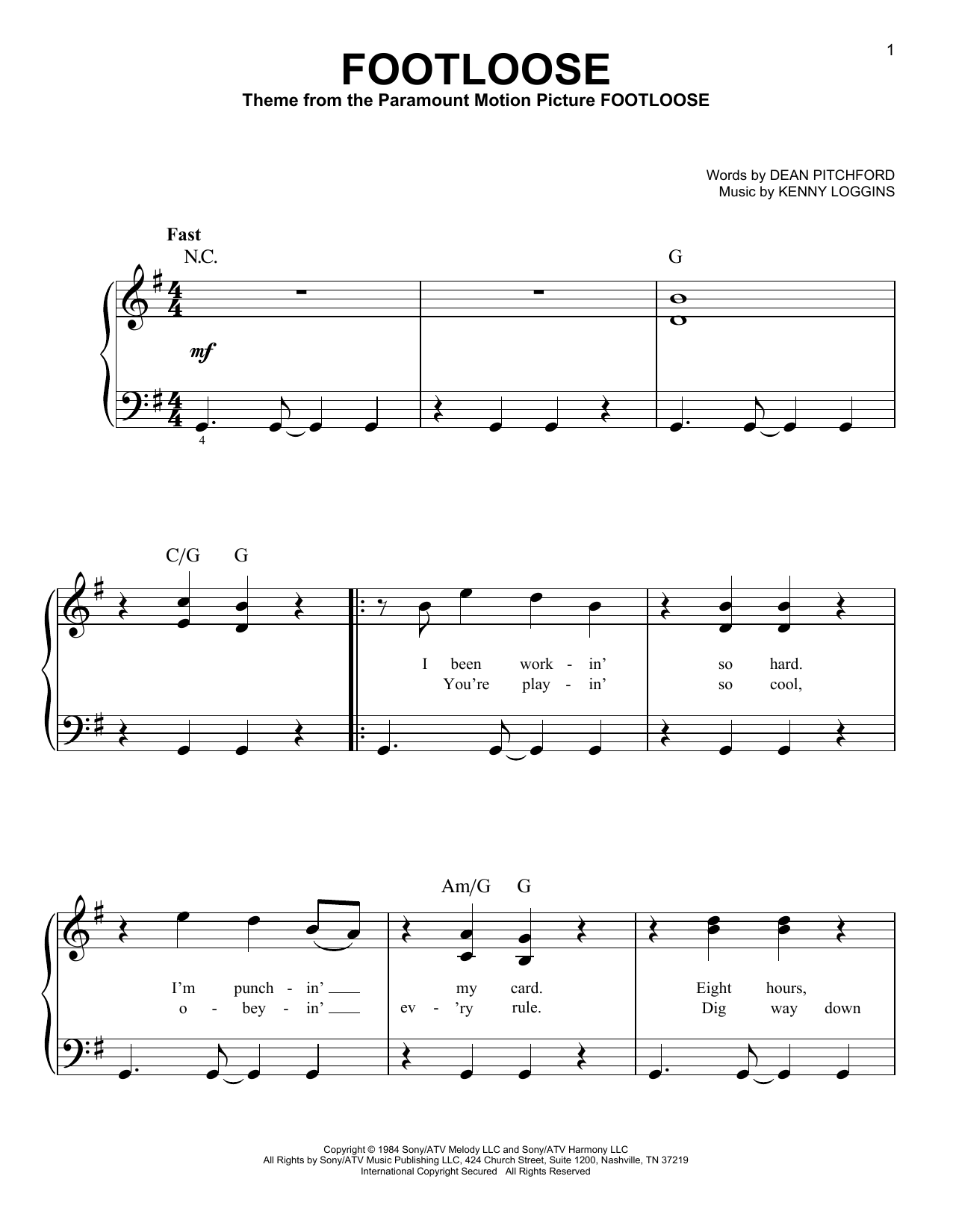 Learn to play Kenny Loggins Footloose sheet music for Piano, Vocal & Guitar (Right-Hand Melody) in minutes. Kenny Loggins Footloose sheet music preview music notes and score for Piano, Vocal & Guitar (Right-Hand Melody) including 10 page(s)
