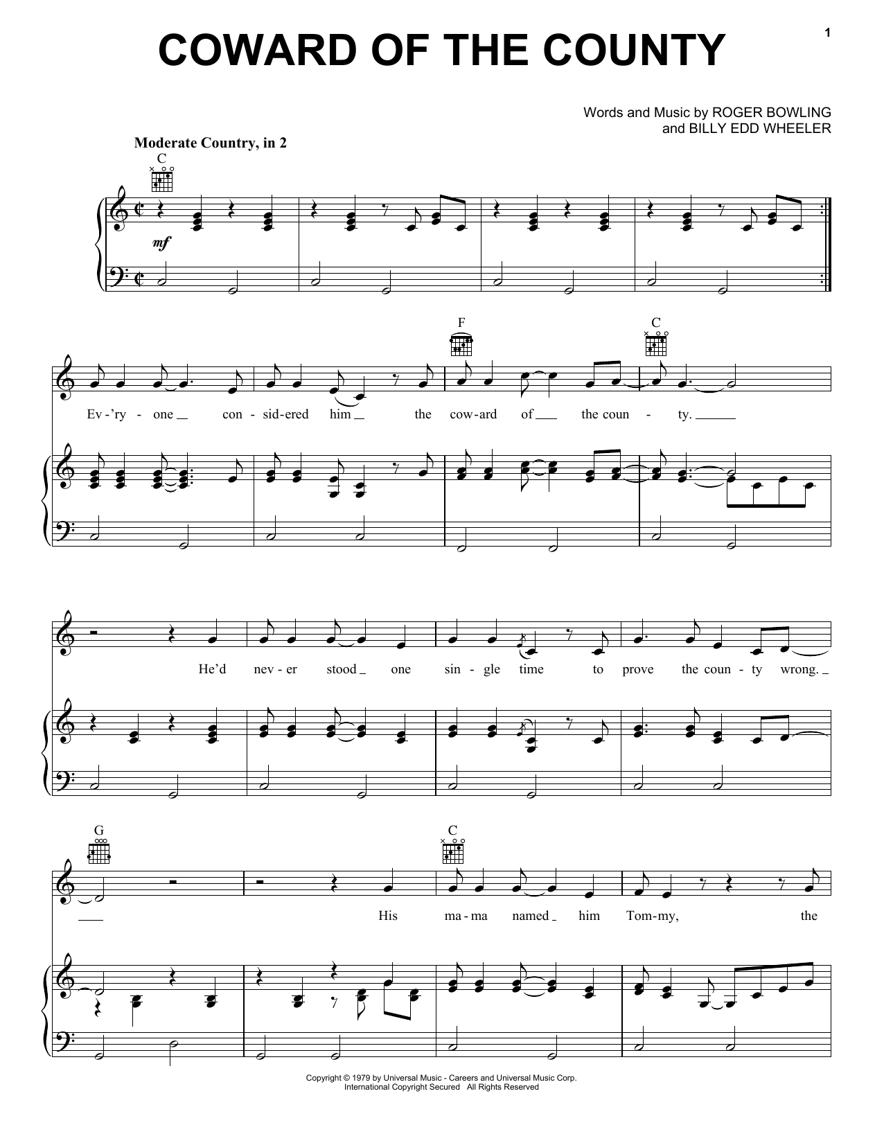 Kenny Rogers Coward Of The County sheet music preview music notes and score for Easy Guitar Tab including 3 page(s)