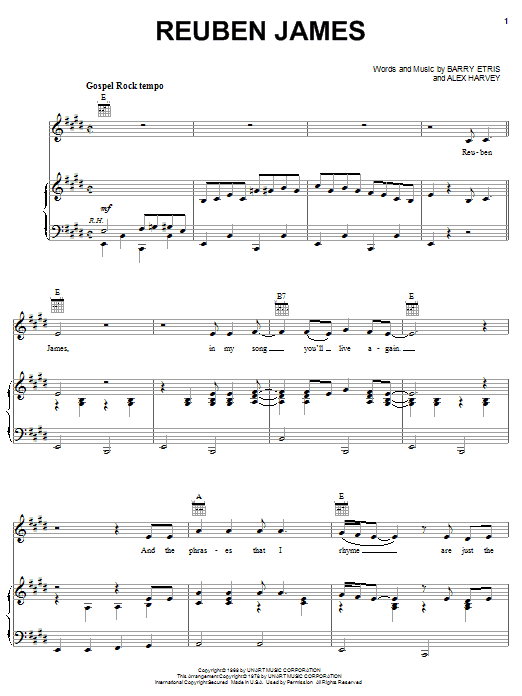 Learn to play Kenny Rogers Reuben James sheet music for Piano, Vocal & Guitar (Right-Hand Melody) in minutes. Kenny Rogers Reuben James sheet music preview music notes and score for Piano, Vocal & Guitar (Right-Hand Melody) including 8 page(s)