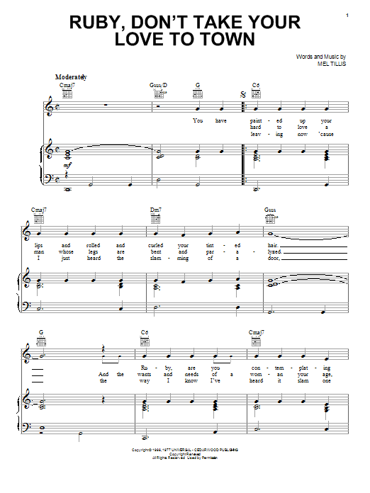 Kenny Rogers Ruby, Don't Take Your Love To Town sheet music preview music notes and score for Easy Guitar Tab including 4 page(s)