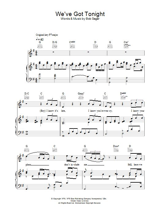 Learn to play Ronan Keating and Lulu We've Got Tonight sheet music for Piano, Vocal & Guitar (Right-Hand Melody) in minutes. Ronan Keating and Lulu We've Got Tonight sheet music preview music notes and score for Piano, Vocal & Guitar (Right-Hand Melody) including 6 page(s)