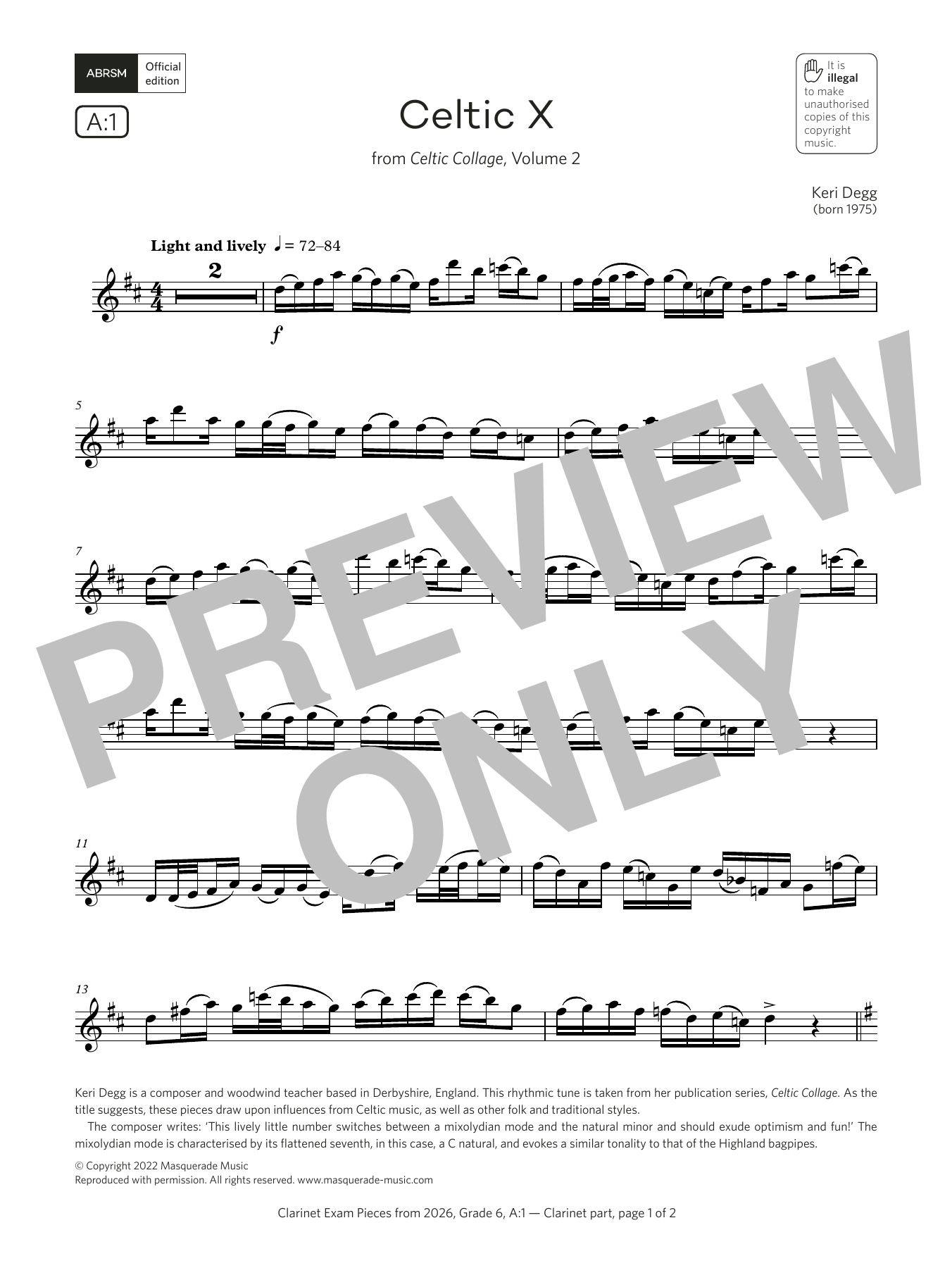 Keri Degg Celtic X (Grade 6, list A1, from the ABRSM Clarinet Syllabus from 2026) sheet music, chords, lyrics - Printable PDF for Clarinet Solo