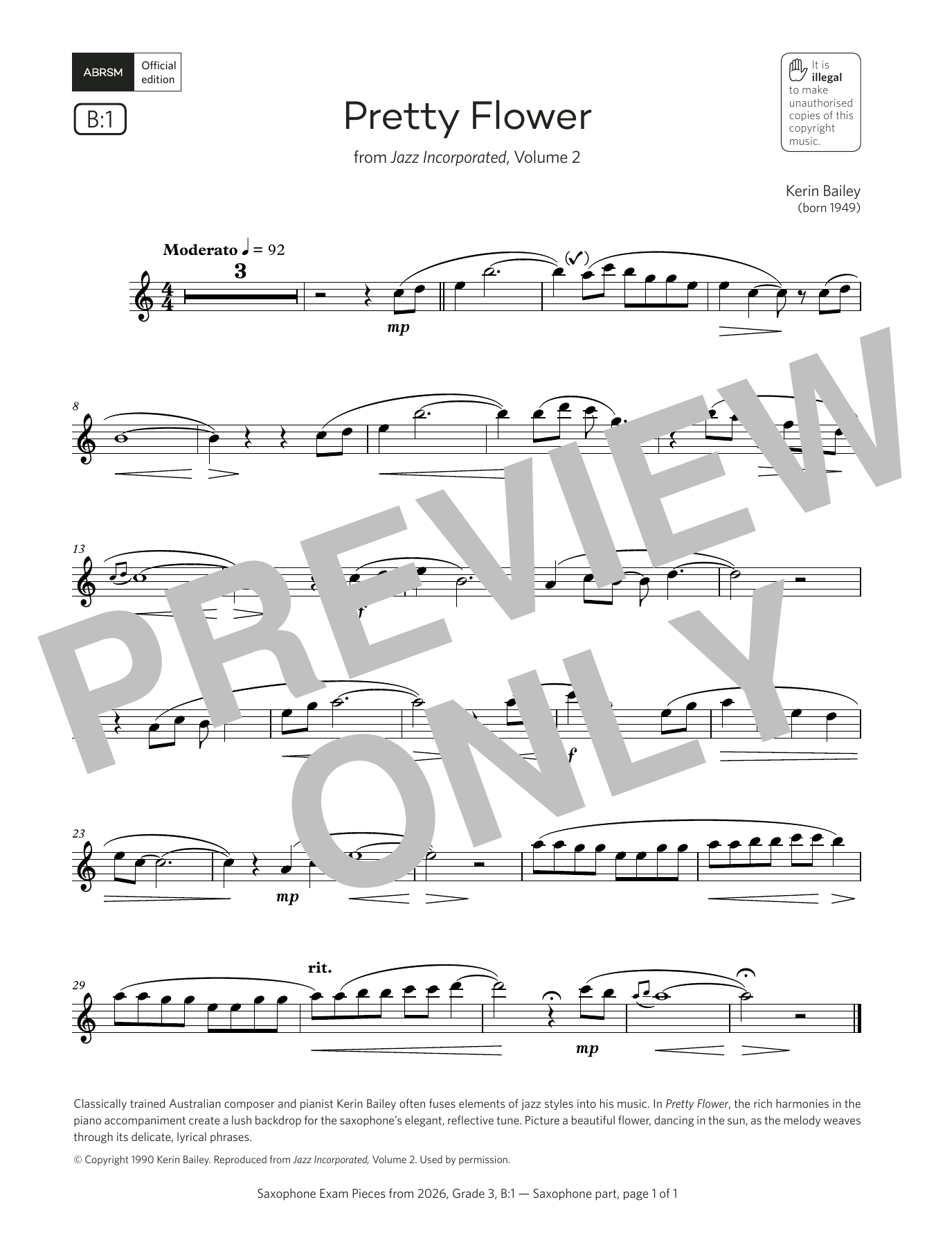 Kerin Bailey Pretty Flower (Grade 3, list B1, from the ABRSM Saxophone Syllabus from 2026) sheet music, chords, lyrics - Printable PDF for Alto Sax Solo