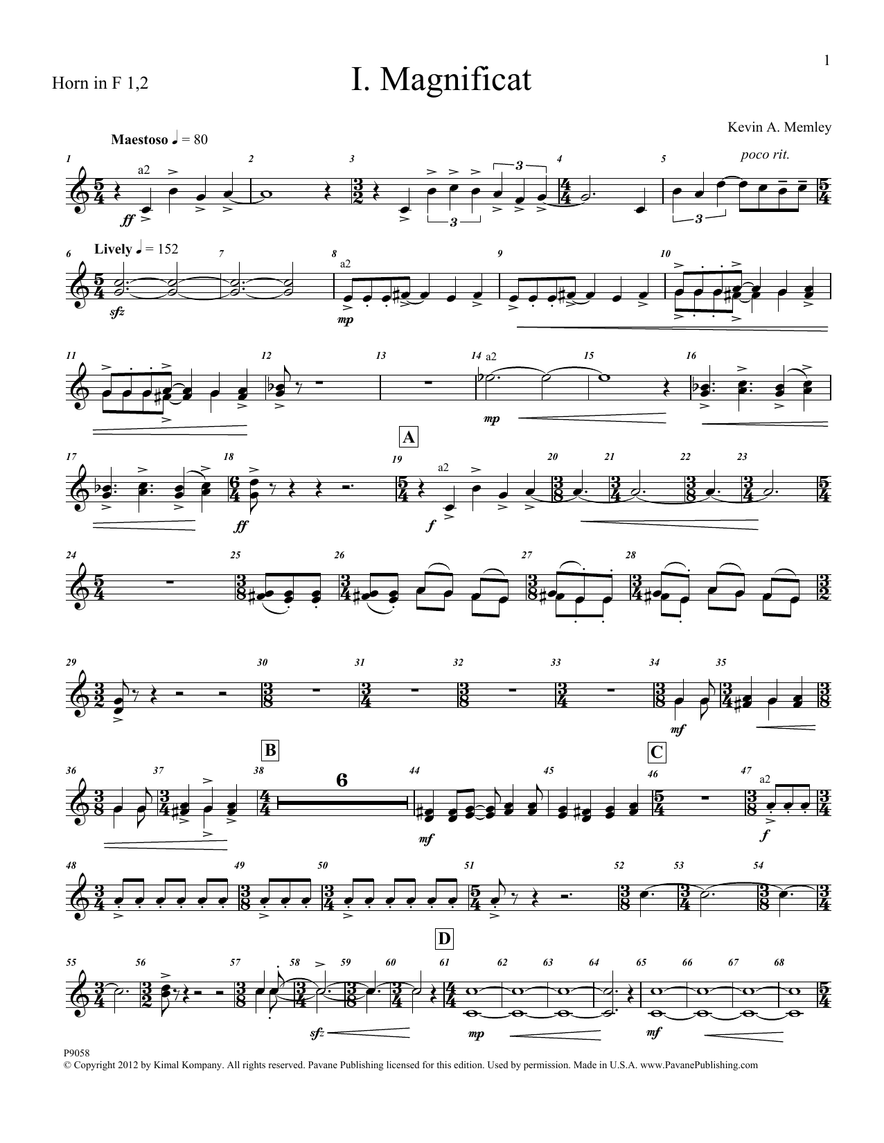 Kevin Memley Magnificat (Brass and Percussion) (Parts) - F Horn 1, 2 sheet music, chords, lyrics - Printable PDF for Choir Instrumental Pak