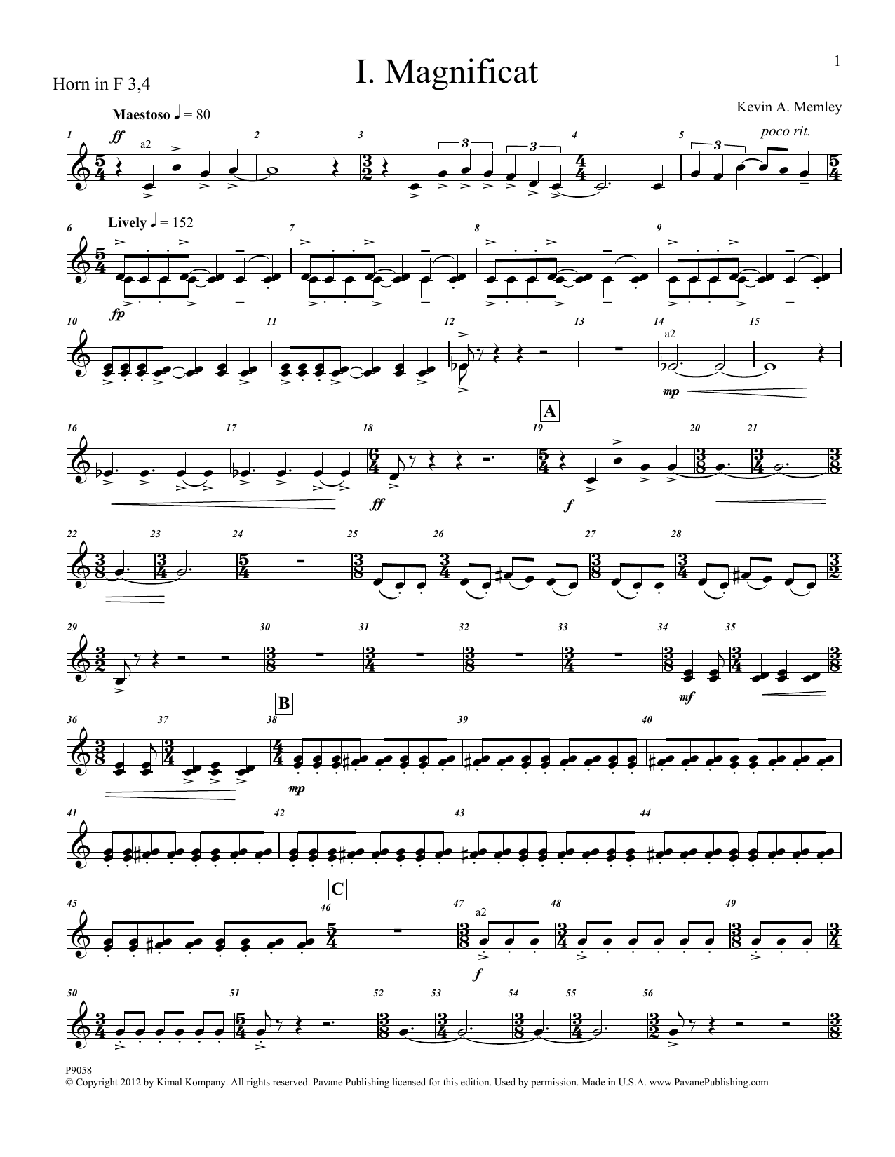 Kevin Memley Magnificat (Brass and Percussion) (Parts) - F Horn 3, 4 sheet music, chords, lyrics - Printable PDF for Choir Instrumental Pak