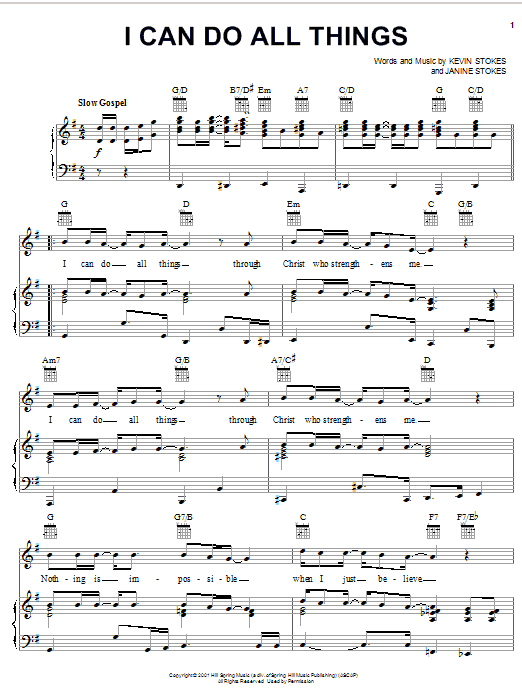 Learn to play Kevin Stokes I Can Do All Things sheet music for Piano, Vocal & Guitar (Right-Hand Melody) in minutes. Kevin Stokes I Can Do All Things sheet music preview music notes and score for Piano, Vocal & Guitar (Right-Hand Melody) including 3 page(s)
