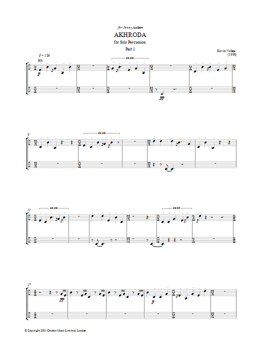 Learn to play Kevin Volans Akhroda, Pt.1 sheet music for Percussion in minutes. Kevin Volans Akhroda, Pt.1 sheet music preview music notes and score for Percussion including 14 page(s)