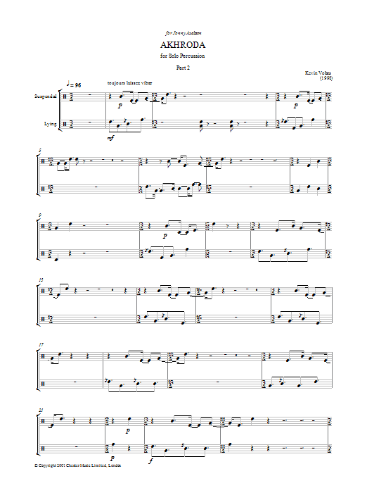 Learn to play Kevin Volans Akhroda, Pt.2 sheet music for Percussion in minutes. Kevin Volans Akhroda, Pt.2 sheet music preview music notes and score for Percussion including 8 page(s)