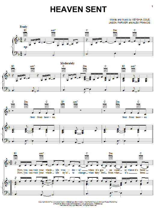 Learn to play Keyshia Cole Heaven Sent sheet music for Piano, Vocal & Guitar (Right-Hand Melody) in minutes. Keyshia Cole Heaven Sent sheet music preview music notes and score for Piano, Vocal & Guitar (Right-Hand Melody) including 6 page(s)