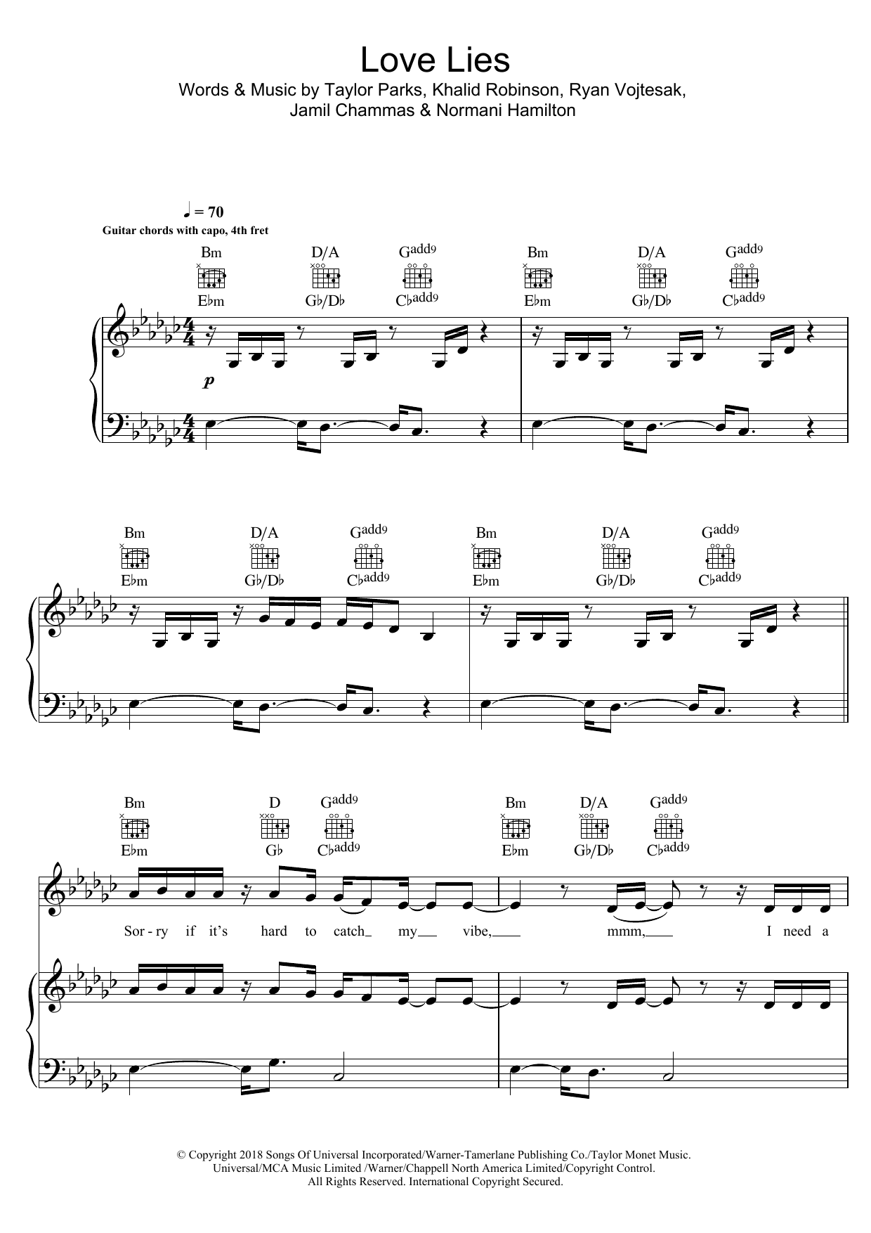 Khalid & Normani Love Lies sheet music, chords, lyrics - Printable PDF for Piano, Vocal & Guitar (Right-Hand Melody)