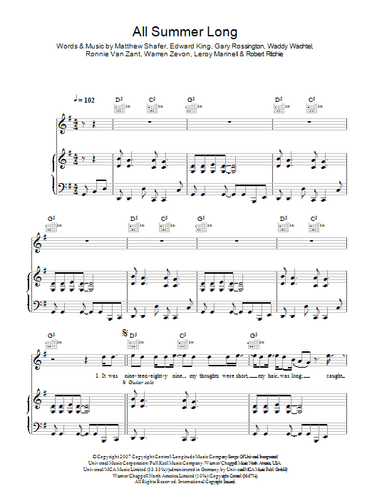 Learn to play Kid Rock All Summer Long sheet music for Piano, Vocal & Guitar in minutes. Kid Rock All Summer Long sheet music preview music notes and score for Piano, Vocal & Guitar including 7 page(s)