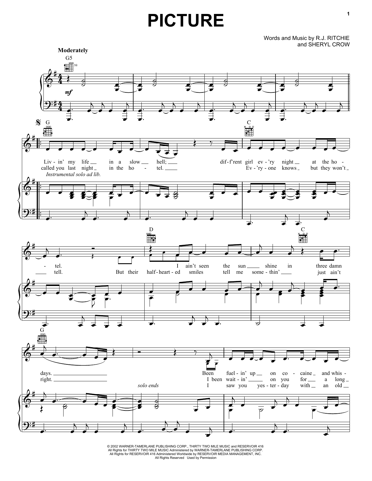 Kid Rock "Picture" Sheet Music Download Printable PDF