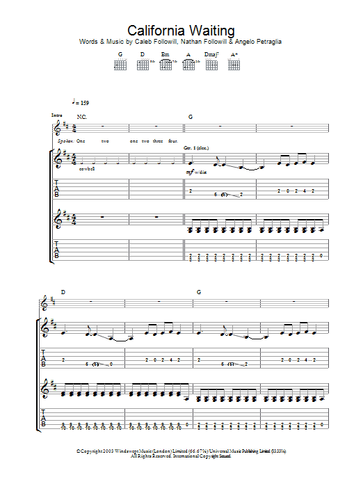Kings Of Leon California Waiting sheet music preview music notes and score for Guitar Tab including 7 page(s)