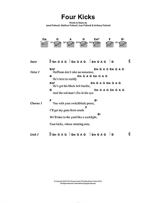 Kings Of Leon Four Kicks sheet music, chords, lyrics - Printable PDF for Lyrics & Chords