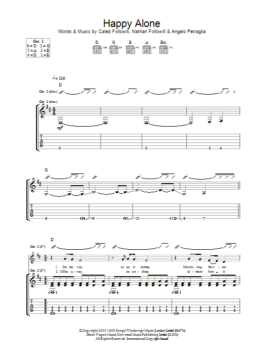 Kings Of Leon Happy Alone sheet music preview music notes and score for Guitar Tab including 9 page(s)