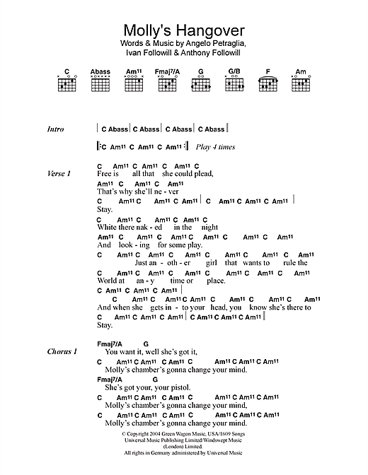 Kings Of Leon Molly's Hangover sheet music, chords, lyrics - Printable PDF for Lyrics & Chords