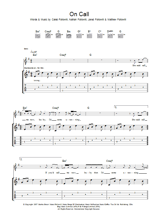 Kings Of Leon On Call sheet music preview music notes and score for Guitar Tab including 6 page(s)