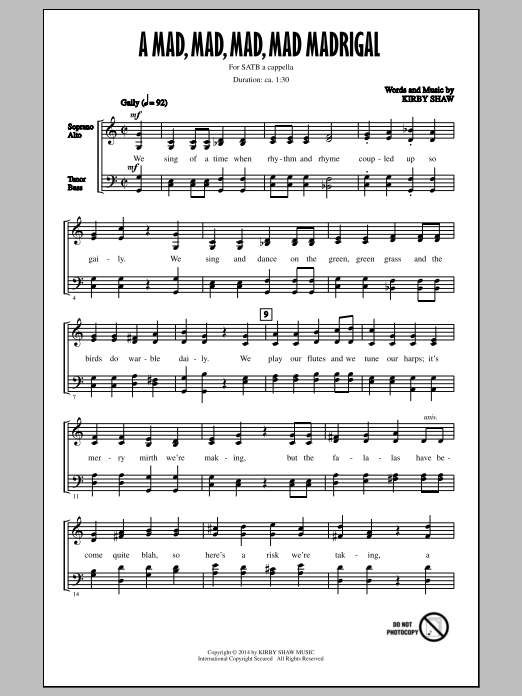 Kirby Shaw A Mad, Mad, Mad, Mad, Madrigal sheet music, chords, lyrics - Printable PDF for SATB