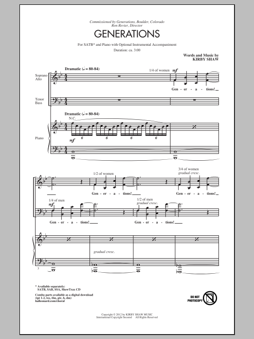 Learn to play Kirby Shaw Generations sheet music for SSA in minutes. Kirby Shaw Generations sheet music preview music notes and score for SSA including 11 page(s)
