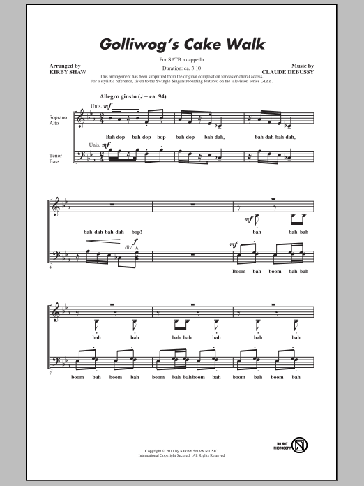 Claude Debussy Golliwogg's Cake Walk (arr. Kirby Shaw) sheet music preview music notes and score for SATB including 9 page(s)