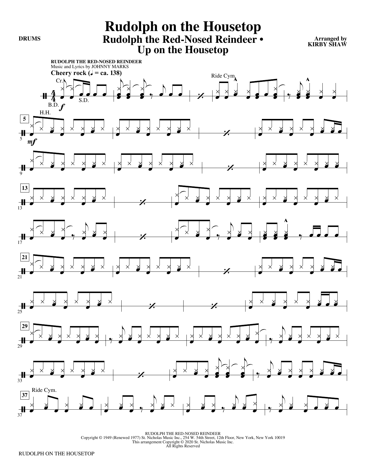 Kirby Shaw Rudolph On The Housetop - Drums sheet music preview music notes and score for Choir Instrumental Pak including 2 page(s)