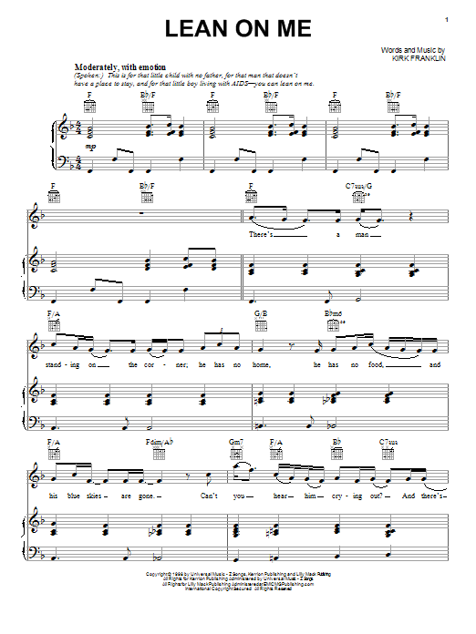 Kirk Franklin Lean On Me sheet music preview music notes and score for Piano, Vocal & Guitar (Right-Hand Melody) including 7 page(s)
