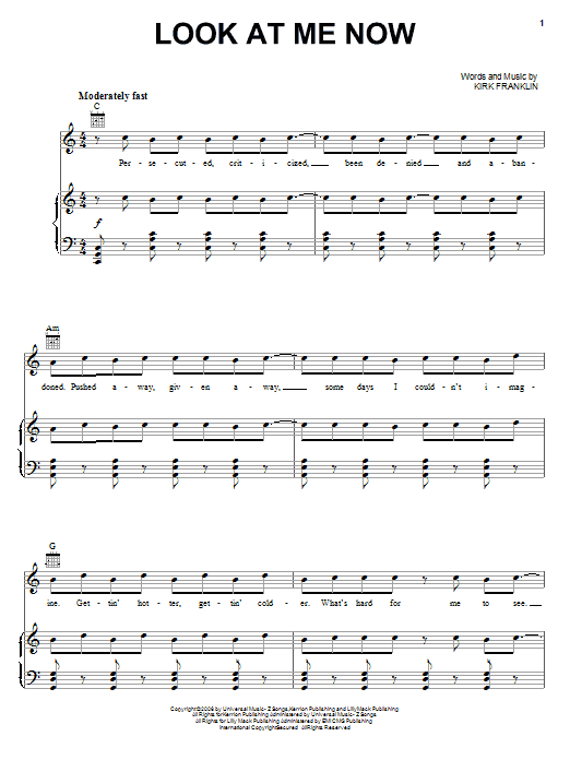Learn to play Kirk Franklin Look At Me Now sheet music for Piano, Vocal & Guitar (Right-Hand Melody) in minutes. Kirk Franklin Look At Me Now sheet music preview music notes and score for Piano, Vocal & Guitar (Right-Hand Melody) including 12 page(s)