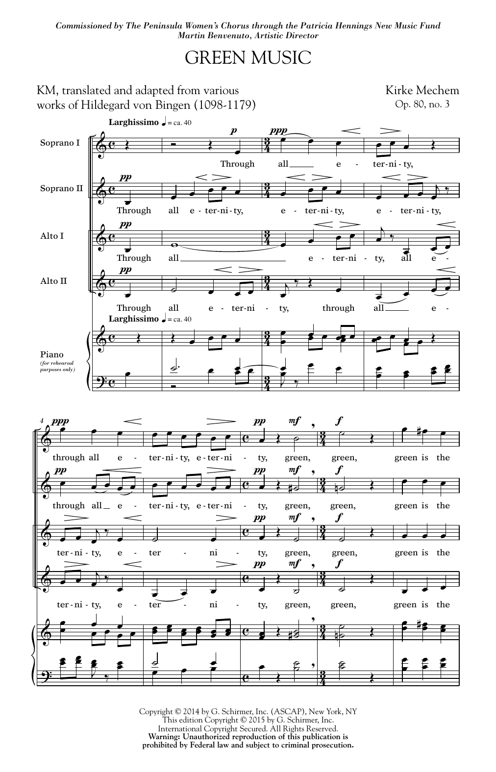 Learn to play Kirke Mechem Green Music sheet music for SSAA in minutes. Kirke Mechem Green Music sheet music preview music notes and score for SSAA including 14 page(s)