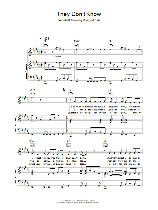 Kirsty MacColl They Don't Know sheet music preview music notes and score for Piano, Vocal & Guitar including 5 page(s)