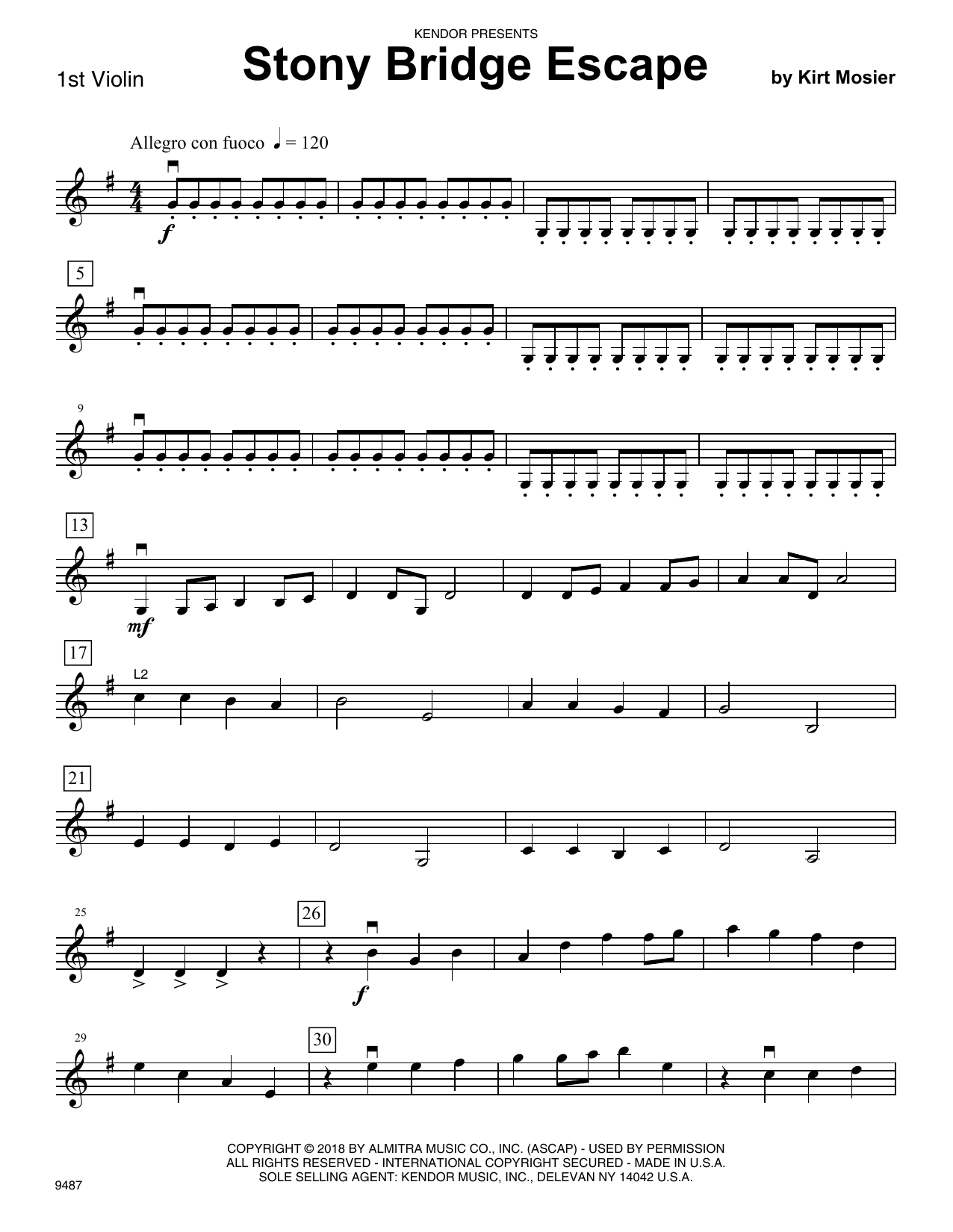 Kirt Mosier Stony Bridge Escape - 1st Violin sheet music preview music notes and score for Orchestra including 2 page(s)