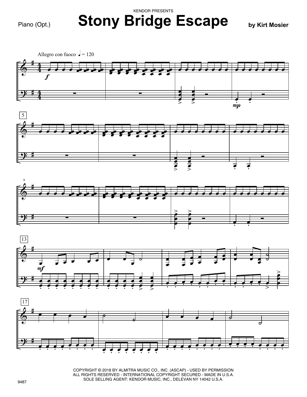 Learn to play Kirt Mosier Stony Bridge Escape - Piano Accompaniment sheet music for Orchestra in minutes. Kirt Mosier Stony Bridge Escape - Piano Accompaniment sheet music preview music notes and score for Orchestra including 3 page(s)
